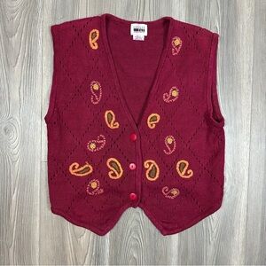 Vintage Leslie Fay Maroon Paisley Knit Sweater Vest Boho‎ Cottagecore Size S